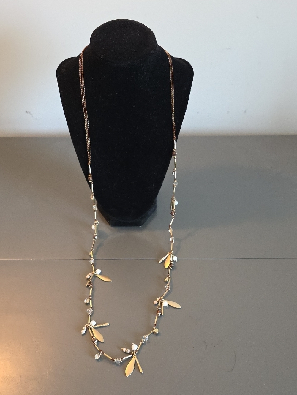 WHBM Gold-Tone Long Leaf & Bead Necklace